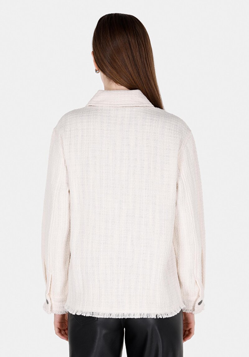 Regular Fit Shirt Neck Düz Kadın Ekru Uzun Kol Gömlek