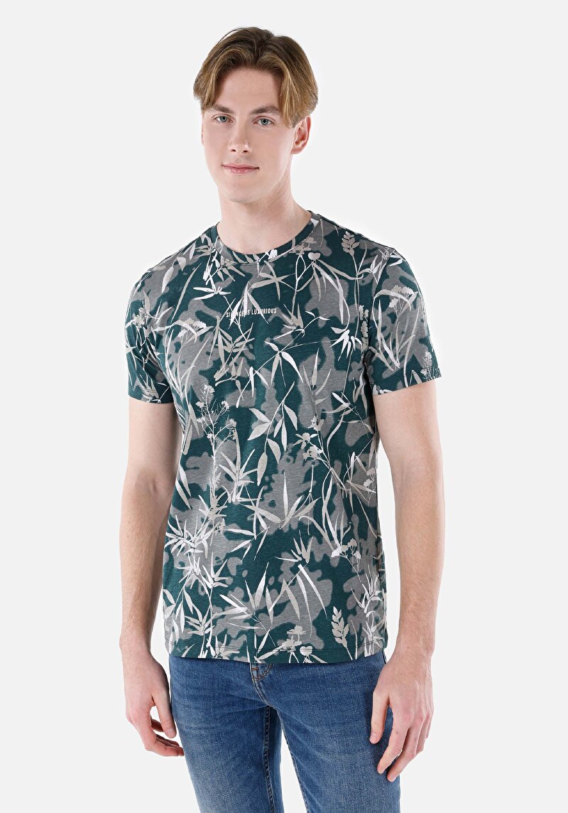 Regular Fit Örme Yuvarlak Yaka Baskılı Erkek Çok Renkli Kısa Kol Tişört