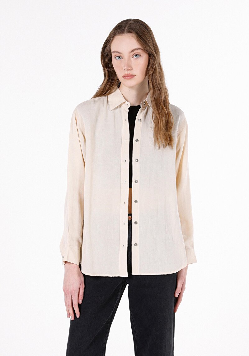 Regular Fit Shirt Neck Düz Kadın Bej Uzun Kol Gömlek