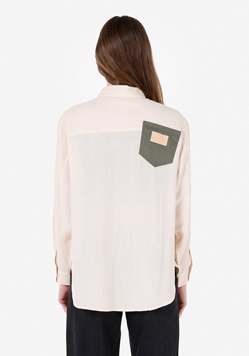 Regular Fit Shirt Neck Düz Kadın Bej Uzun Kol Gömlek