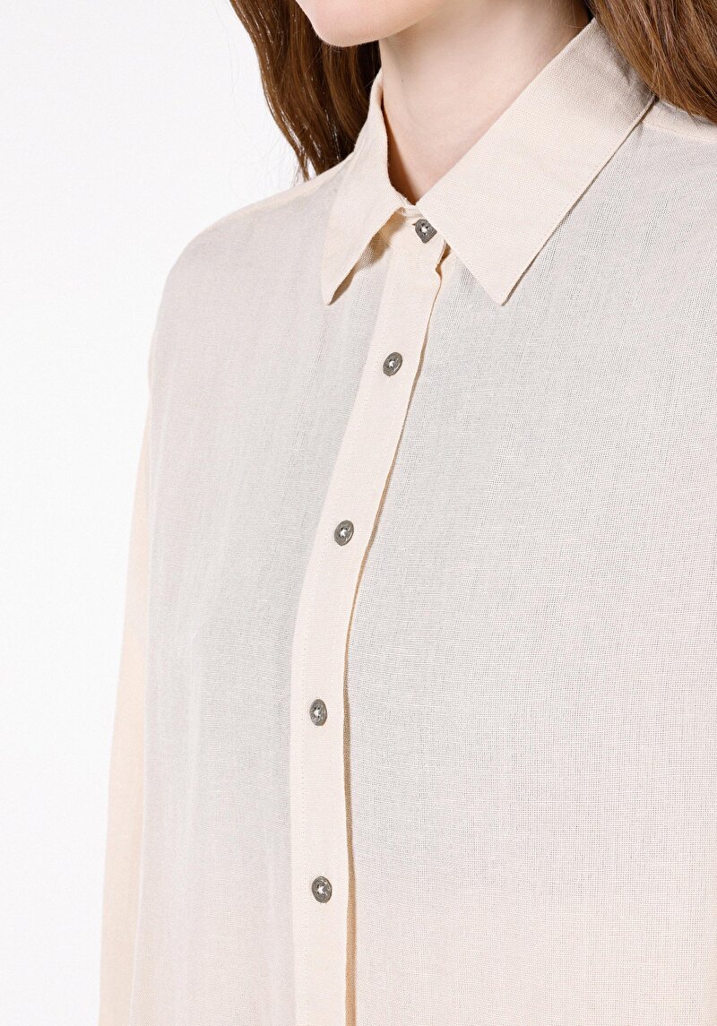 Regular Fit Shirt Neck Düz Kadın Bej Uzun Kol Gömlek