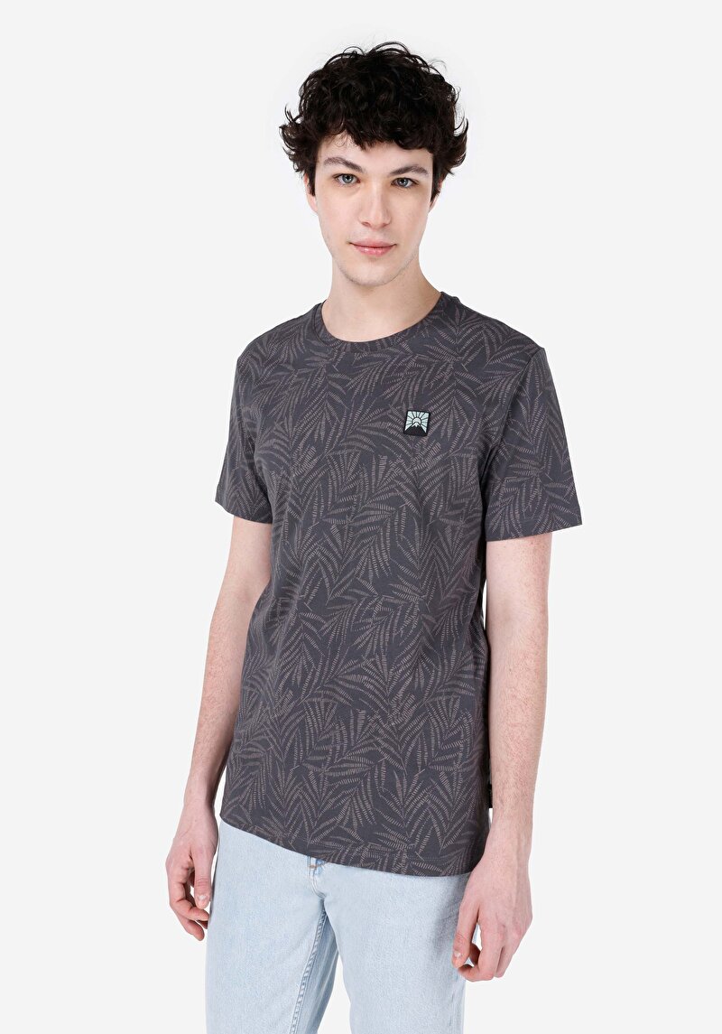 Regular Fit Yuvarlak Yaka Baskılı Erkek Antrasit Kısa Kol Tişört
