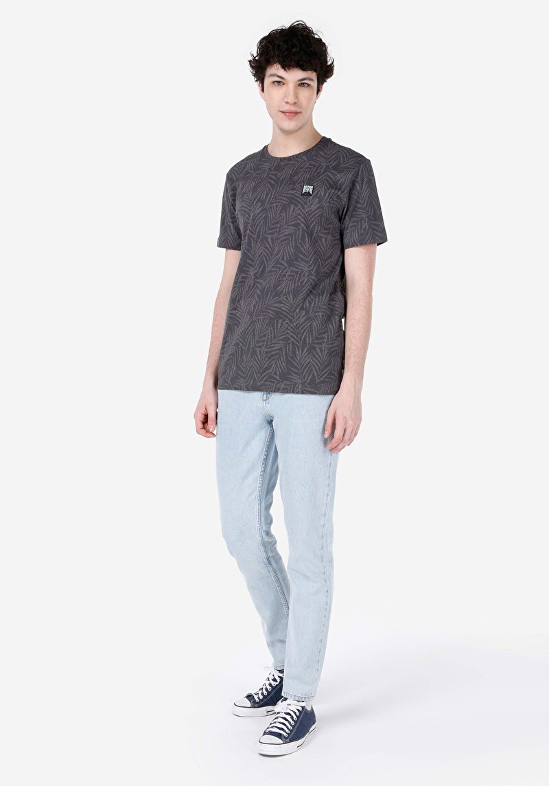 Regular Fit Yuvarlak Yaka Baskılı Erkek Antrasit Kısa Kol Tişört