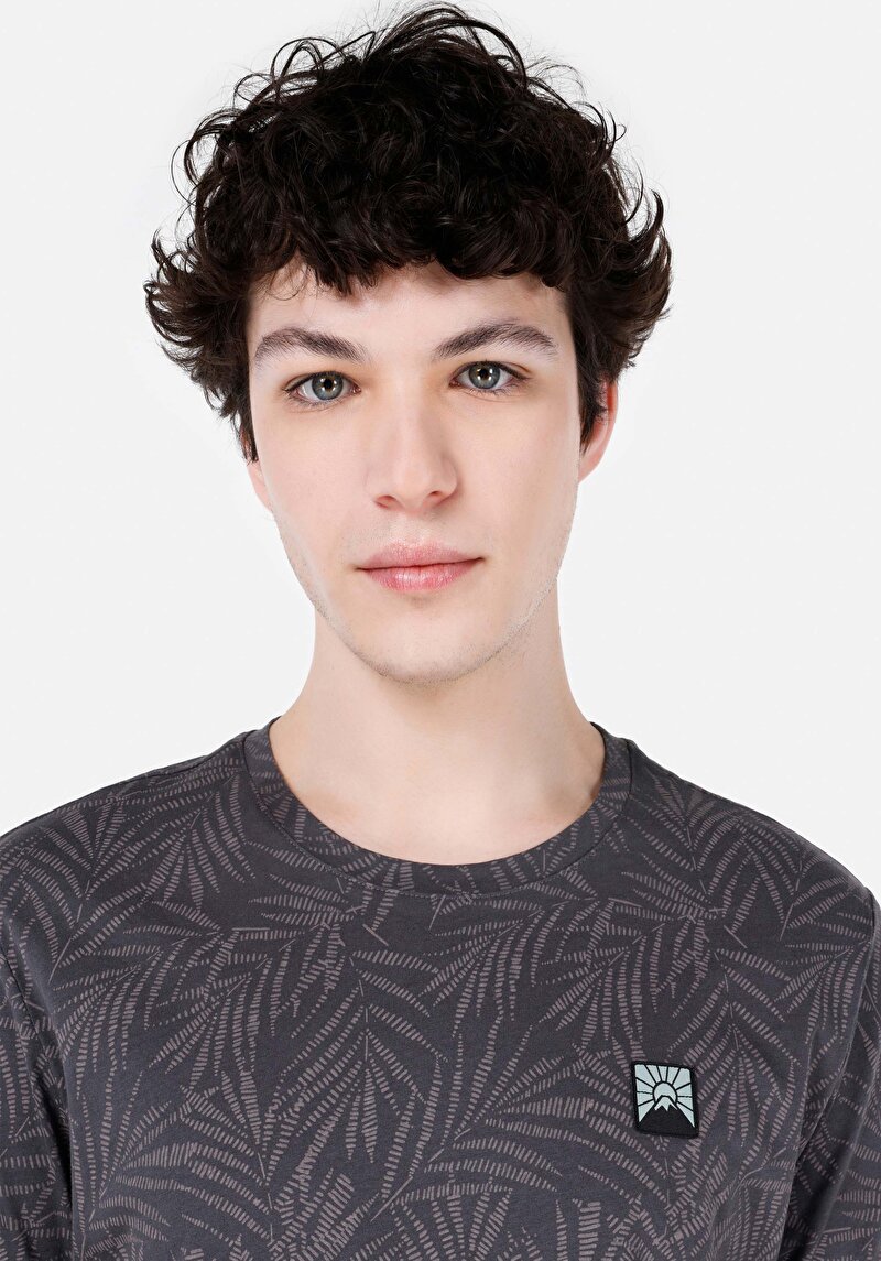 Regular Fit Yuvarlak Yaka Baskılı Erkek Antrasit Kısa Kol Tişört