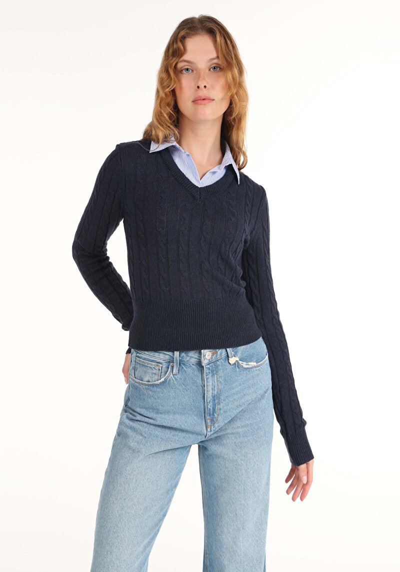 Regular Fit Shirt Neck Düz Kadın Lacivert Kazak