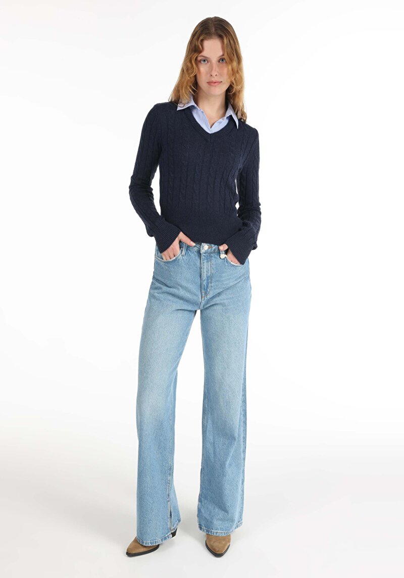 Regular Fit Shirt Neck Düz Kadın Lacivert Kazak