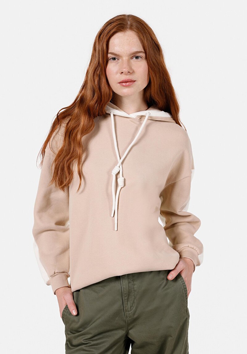 Comfort Fit Kapüşonlu Düz Kadın Bej Sweatshirt