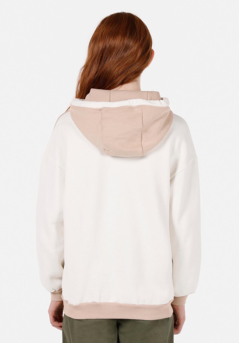 Comfort Fit Kapüşonlu Düz Kadın Bej Sweatshirt