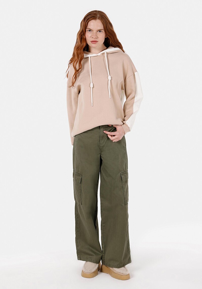 Comfort Fit Kapüşonlu Düz Kadın Bej Sweatshirt