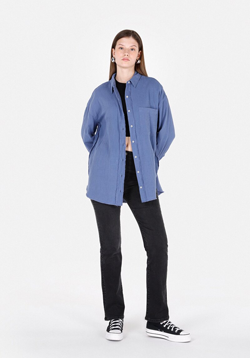 Relax Fit Shirt Neck Düz Kadın Mavi Uzun Kol Gömlek