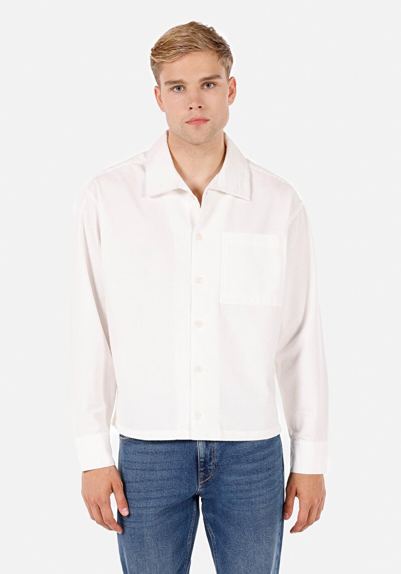 Boxy Fit Shirt Neck Düz Erkek Beyaz Uzun Kol Gömlek