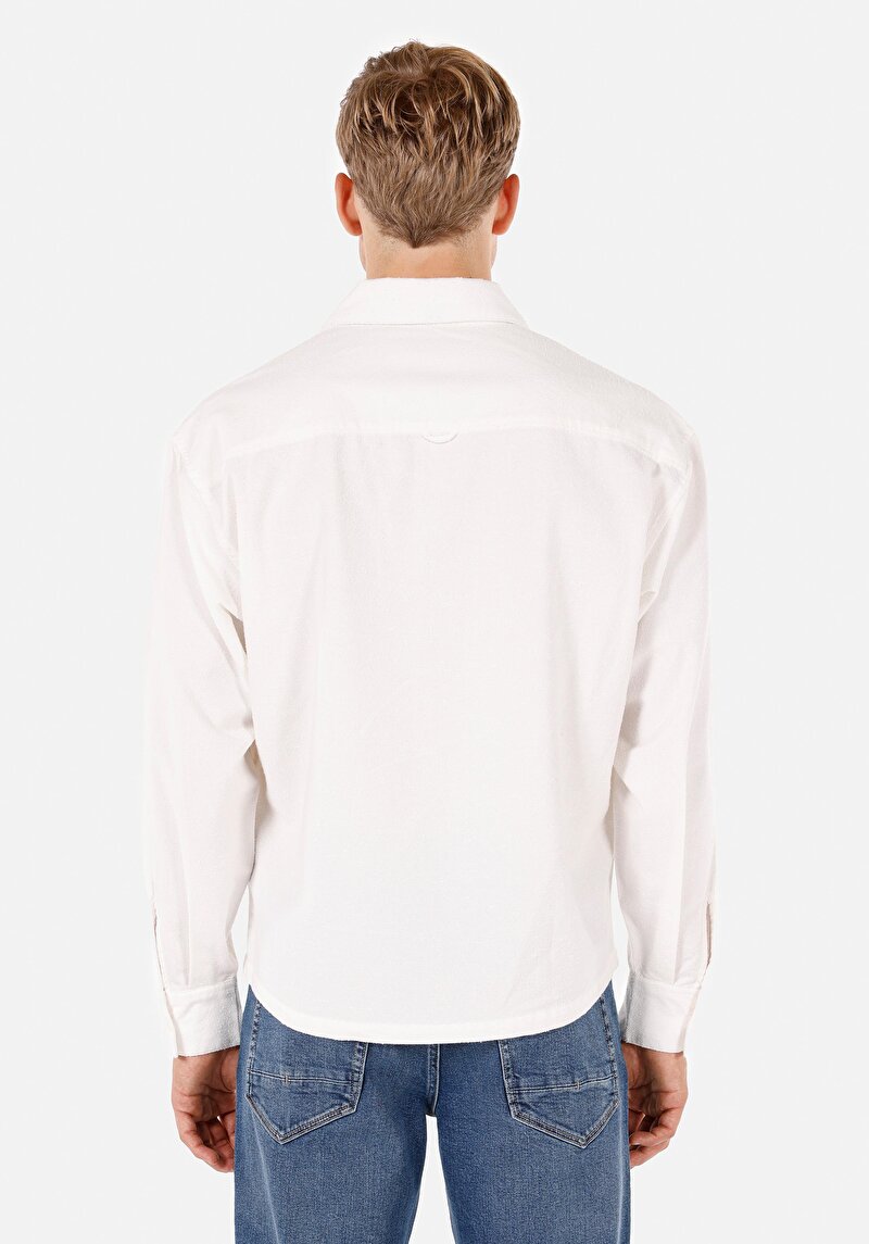 Boxy Fit Shirt Neck Düz Erkek Beyaz Uzun Kol Gömlek
