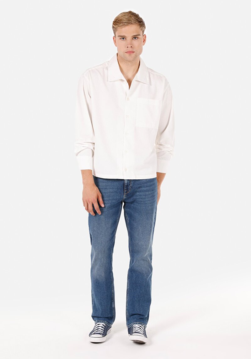 Boxy Fit Shirt Neck Düz Erkek Beyaz Uzun Kol Gömlek
