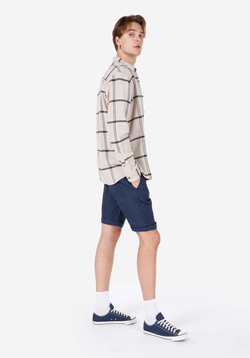 Regular Fit Shirt Neck Baskılı Erkek Ekru Uzun Kol Gömlek