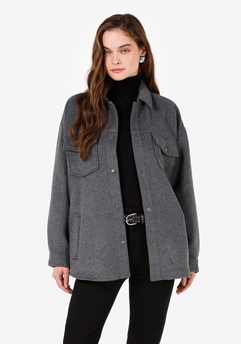 Regular Fit Shirt Neck Kadın Antrasit Uzun Kol Gömlek