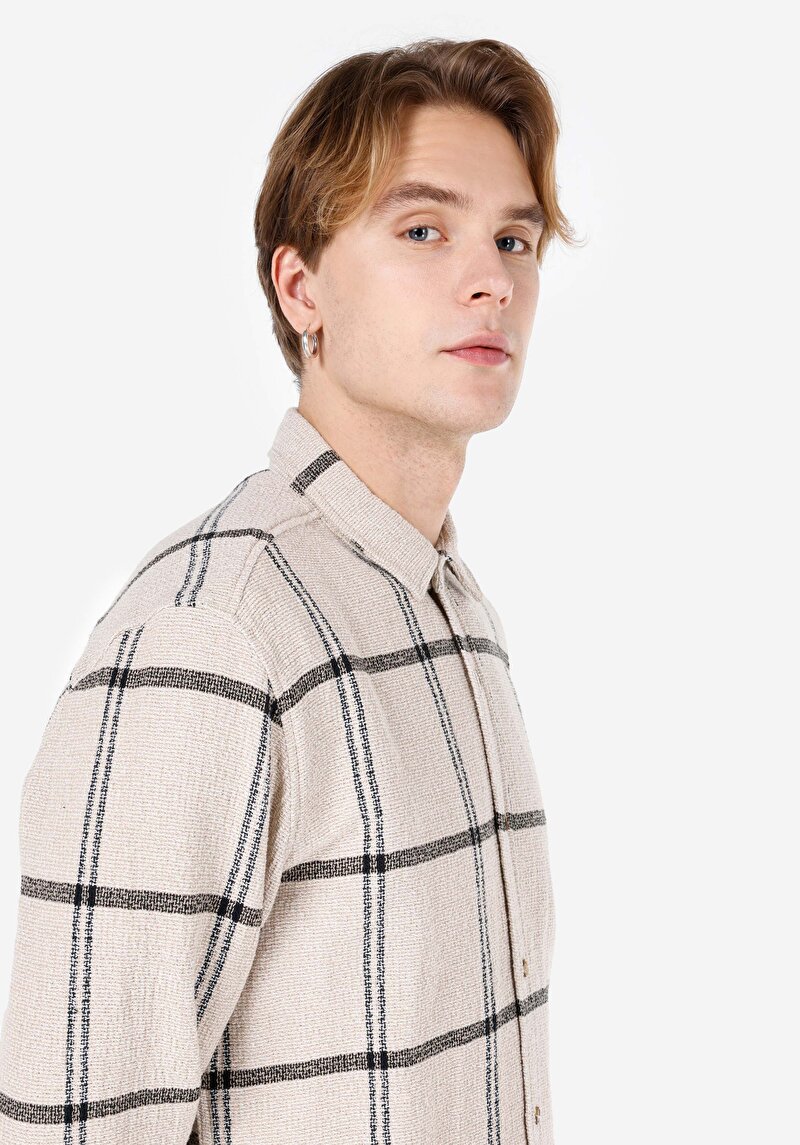 Regular Fit Shirt Neck Baskılı Erkek Ekru Uzun Kol Gömlek