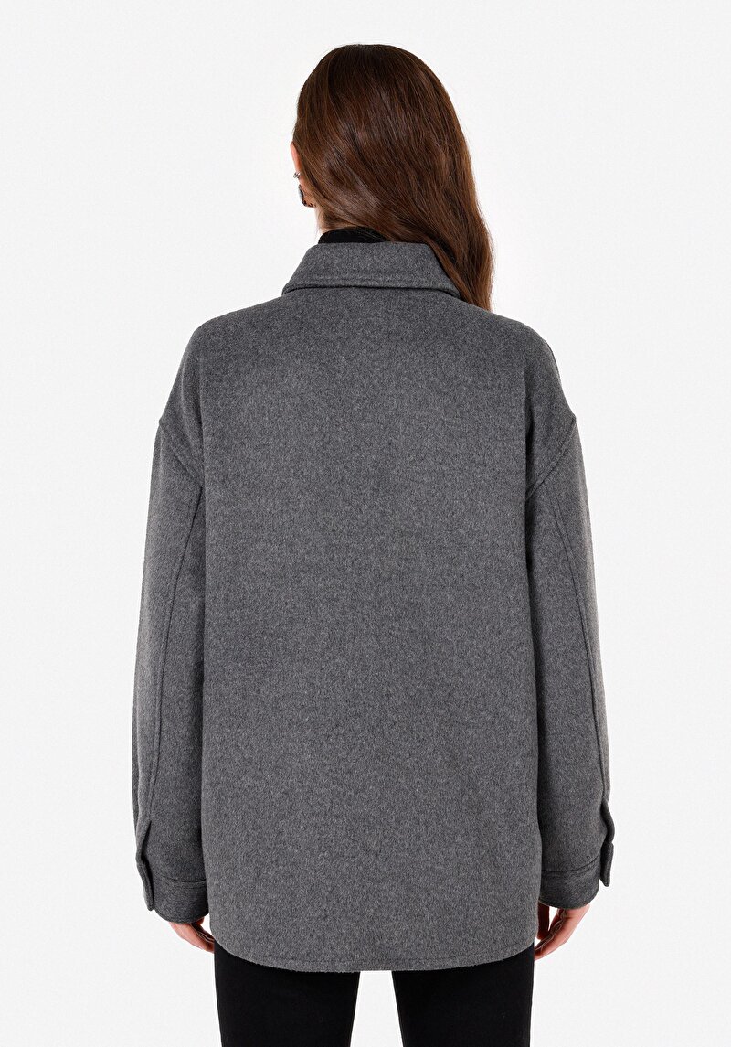 Regular Fit Shirt Neck Kadın Antrasit Uzun Kol Gömlek