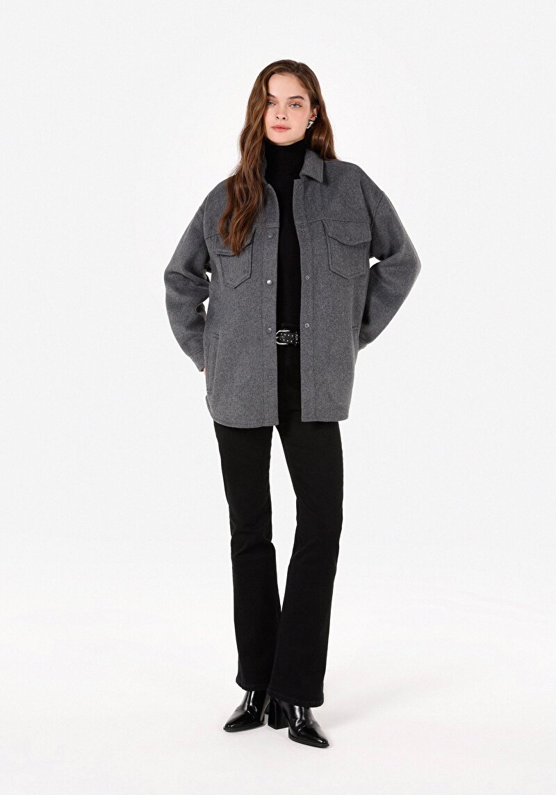 Regular Fit Shirt Neck Kadın Antrasit Uzun Kol Gömlek