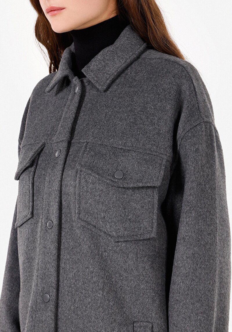 Regular Fit Shirt Neck Kadın Antrasit Uzun Kol Gömlek