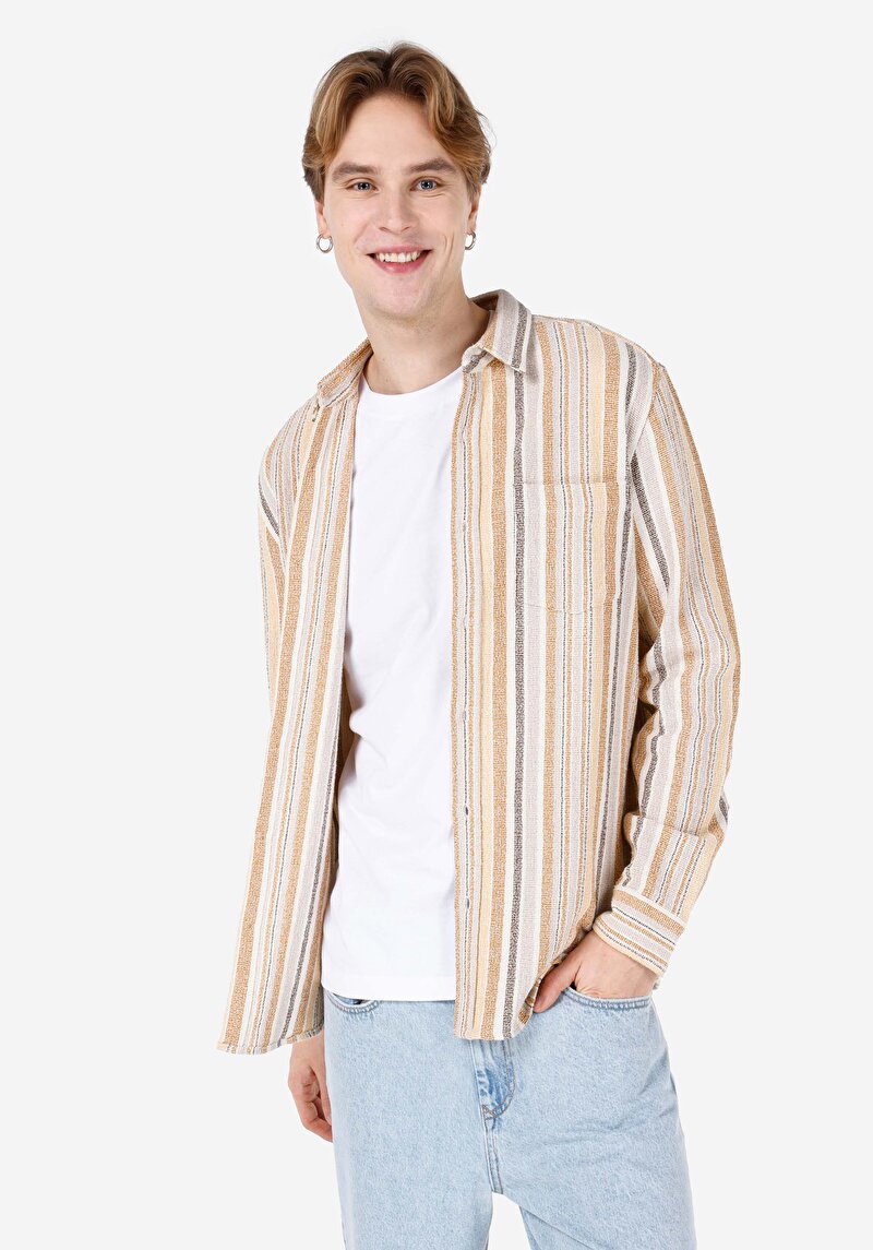 Regular Fit Shirt Neck Çizgili Erkek Kahverengi Uzun Kol Gömlek