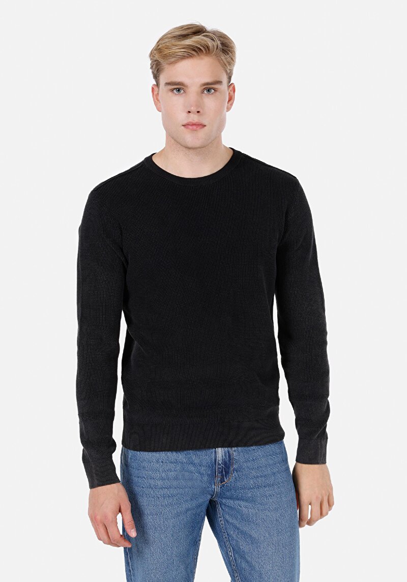 Regular Fit Yuvarlak Yaka Jakarlı Erkek Antrasit Kazak