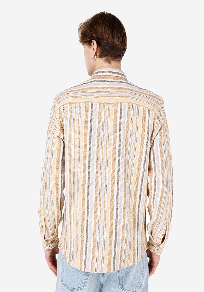 Regular Fit Shirt Neck Çizgili Erkek Kahverengi Uzun Kol Gömlek