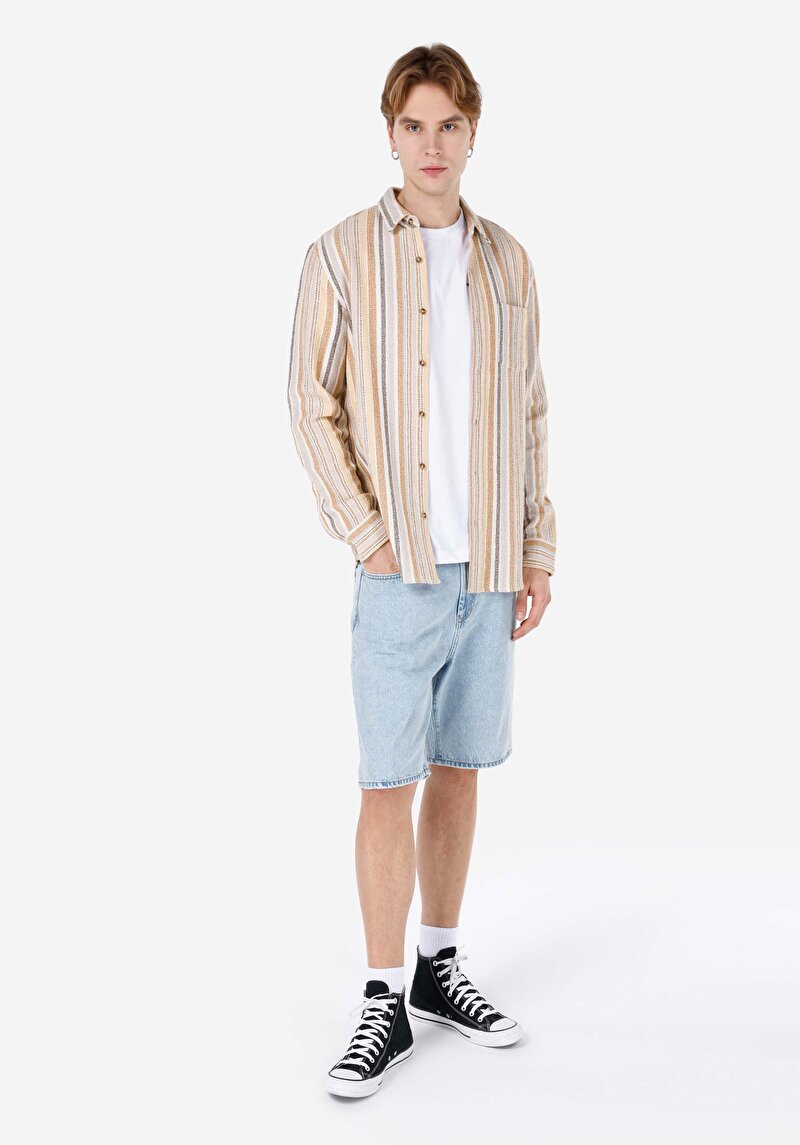 Regular Fit Shirt Neck Çizgili Erkek Kahverengi Uzun Kol Gömlek