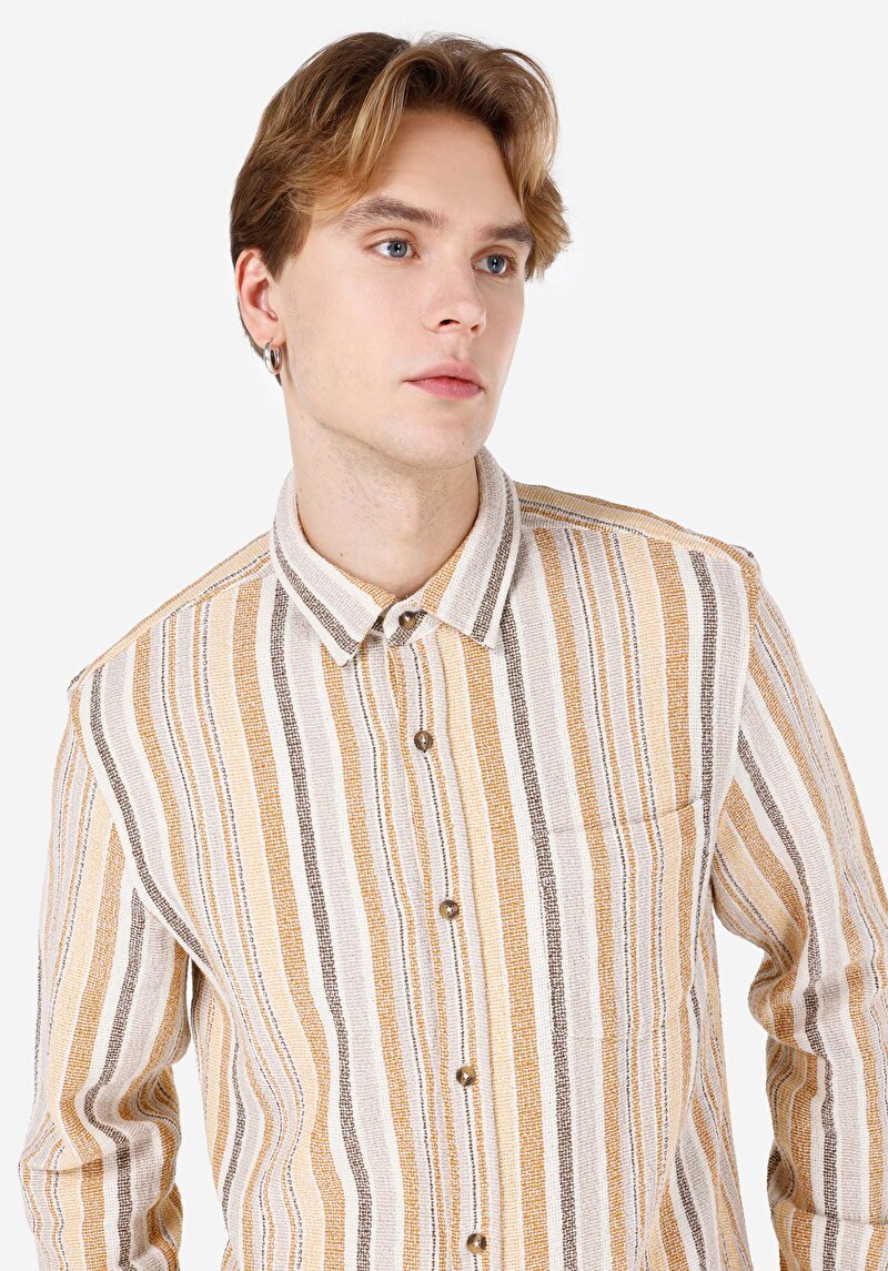Regular Fit Shirt Neck Çizgili Erkek Kahverengi Uzun Kol Gömlek