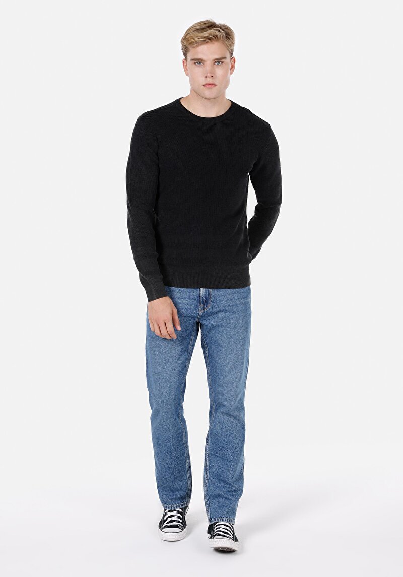 Regular Fit Yuvarlak Yaka Jakarlı Erkek Antrasit Kazak