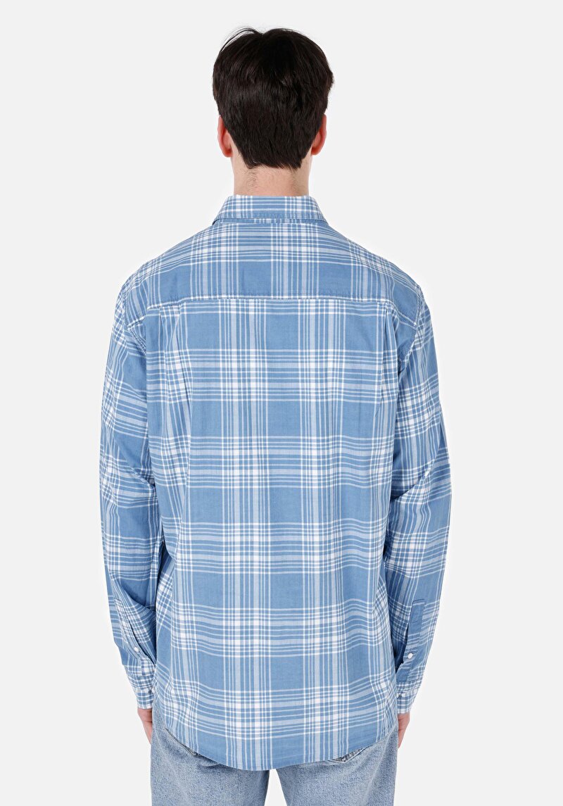 Regular Fit Shirt Neck Ekoseli Erkek Mavi Uzun Kol Gömlek