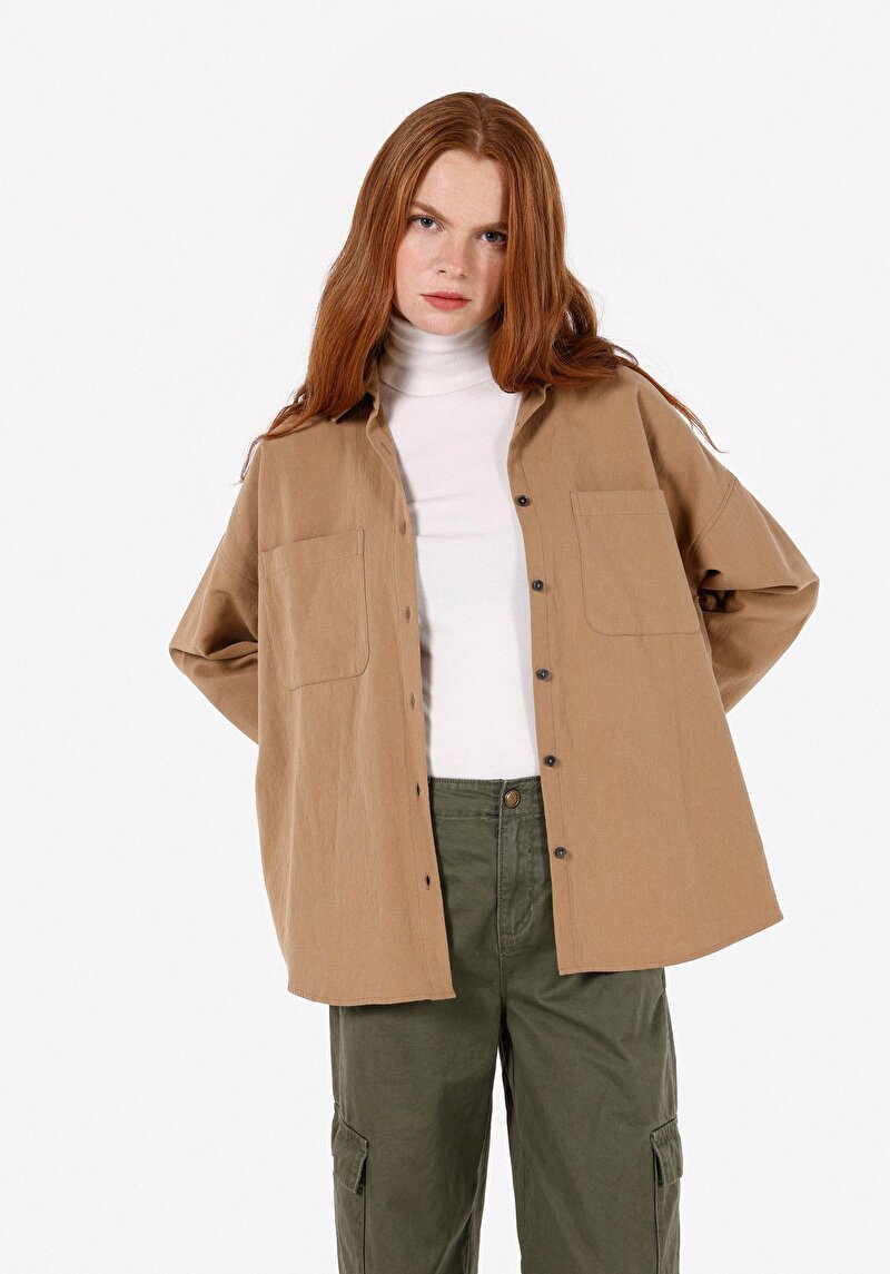 Relaxed Fit Shirt Neck Kadın Kahverengi Uzun Kol Gömlek