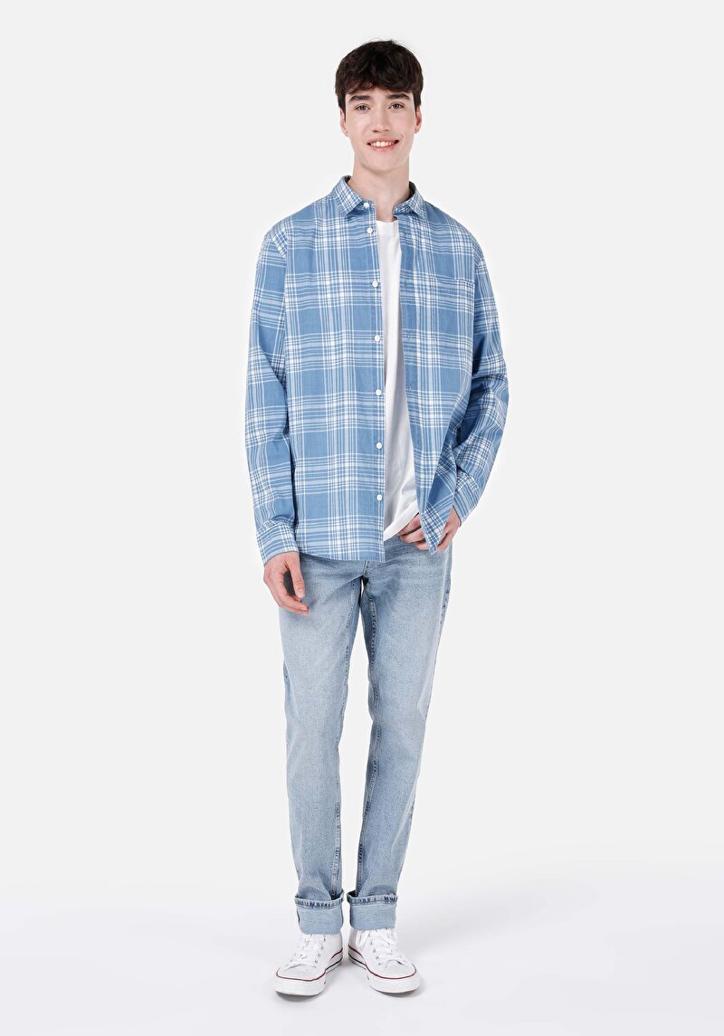 Regular Fit Shirt Neck Ekoseli Erkek Mavi Uzun Kol Gömlek