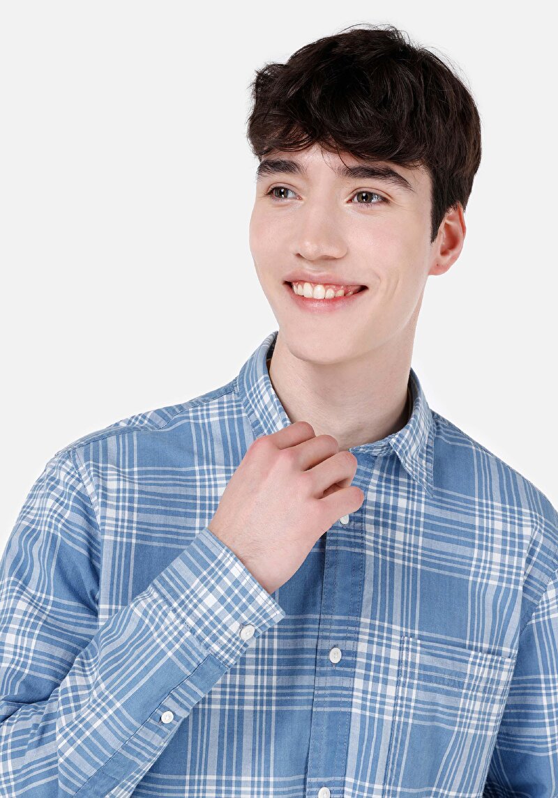 Regular Fit Shirt Neck Ekoseli Erkek Mavi Uzun Kol Gömlek