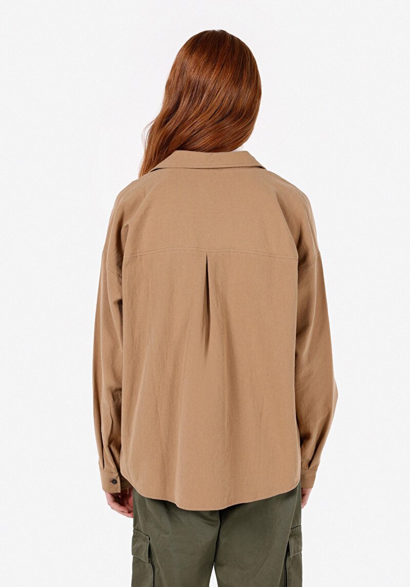 Relaxed Fit Shirt Neck Kadın Kahverengi Uzun Kol Gömlek