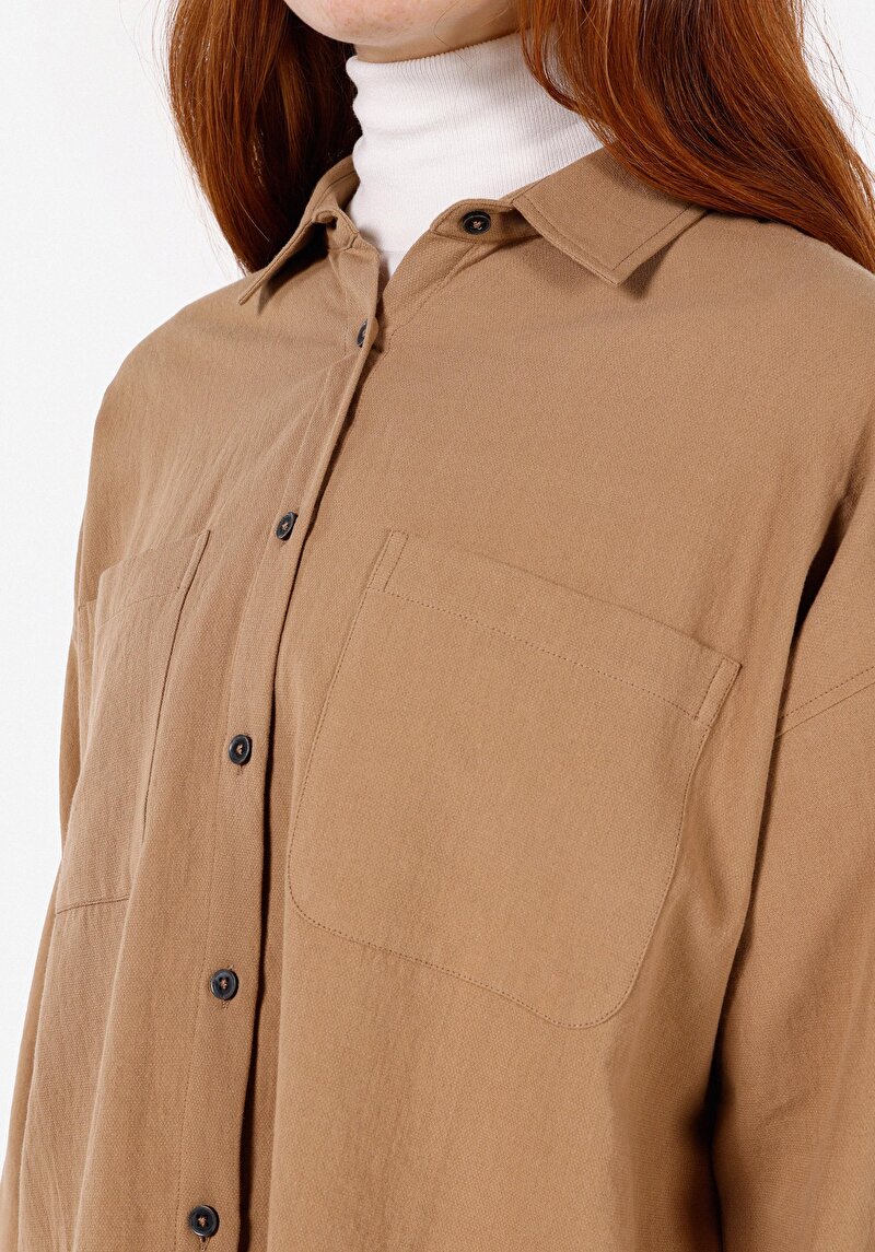 Relaxed Fit Shirt Neck Kadın Kahverengi Uzun Kol Gömlek