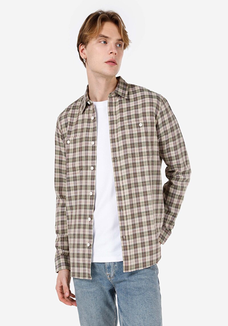 Regular Fit Shirt Neck Kareli Erkek Yeşil Uzun Kol Gömlek