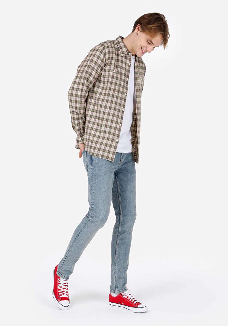 Regular Fit Shirt Neck Kareli Erkek Yeşil Uzun Kol Gömlek