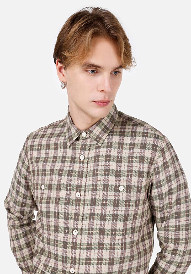 Regular Fit Shirt Neck Kareli Erkek Yeşil Uzun Kol Gömlek