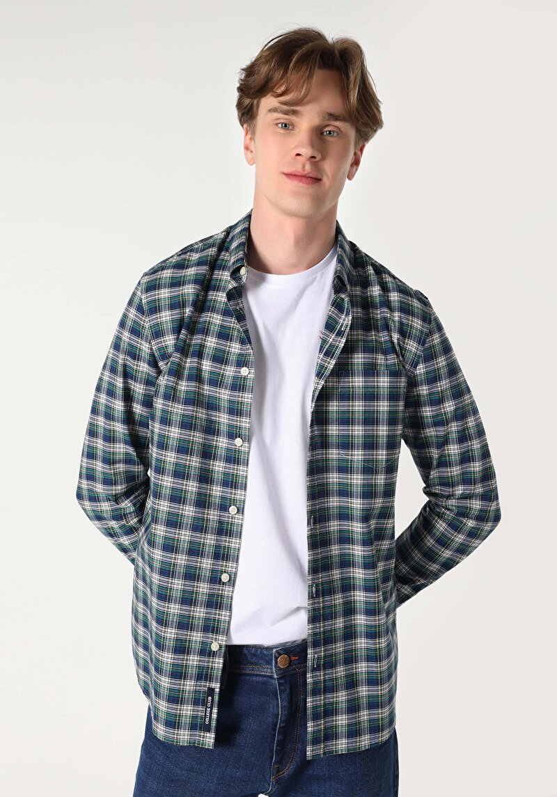 Slim Fit Shirt Neck Ekoseli Erkek Lacivert Uzun Kol Gömlek