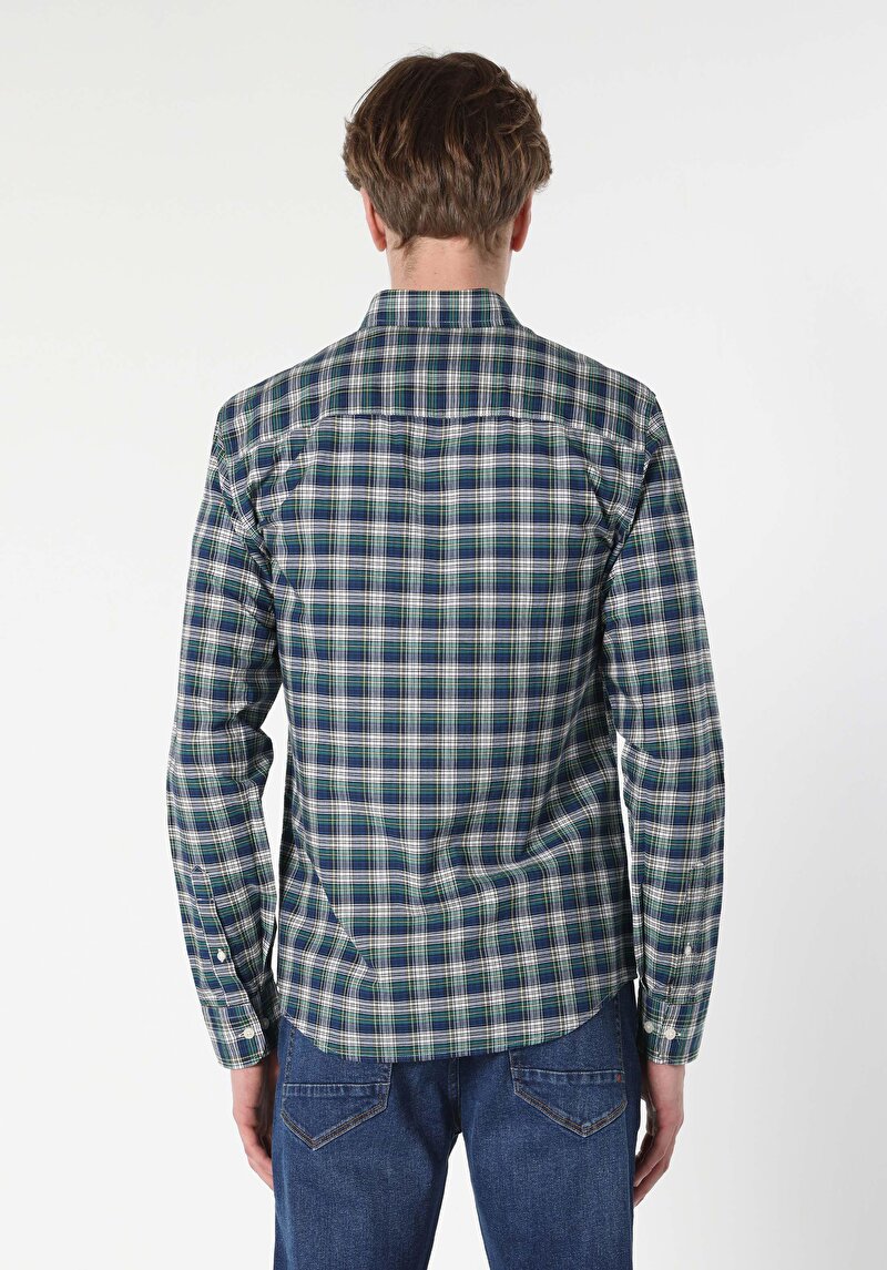 Slim Fit Shirt Neck Ekoseli Erkek Lacivert Uzun Kol Gömlek