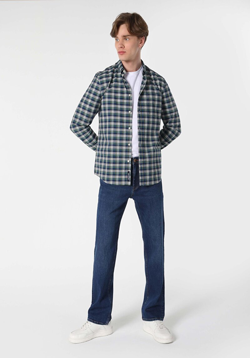 Slim Fit Shirt Neck Ekoseli Erkek Lacivert Uzun Kol Gömlek