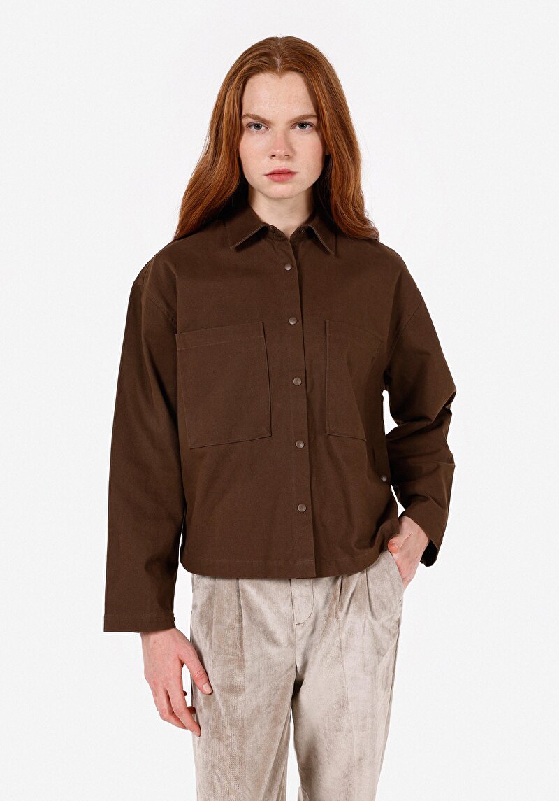 Relaxed Fit Shirt Neck Kadın Kahverengi Uzun Kol Gömlek