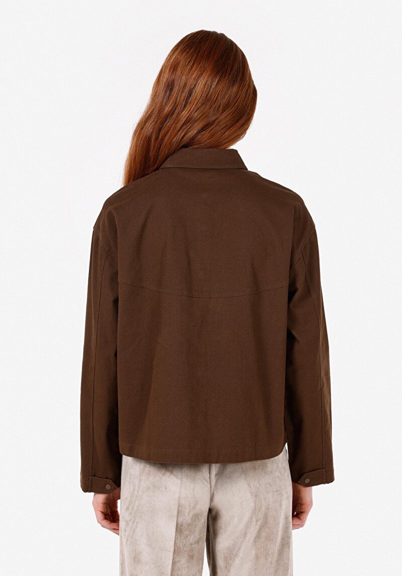 Relaxed Fit Shirt Neck Kadın Kahverengi Uzun Kol Gömlek