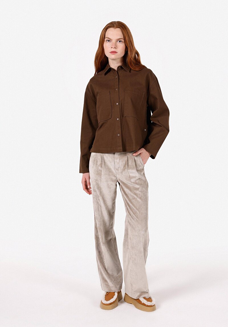 Relaxed Fit Shirt Neck Kadın Kahverengi Uzun Kol Gömlek
