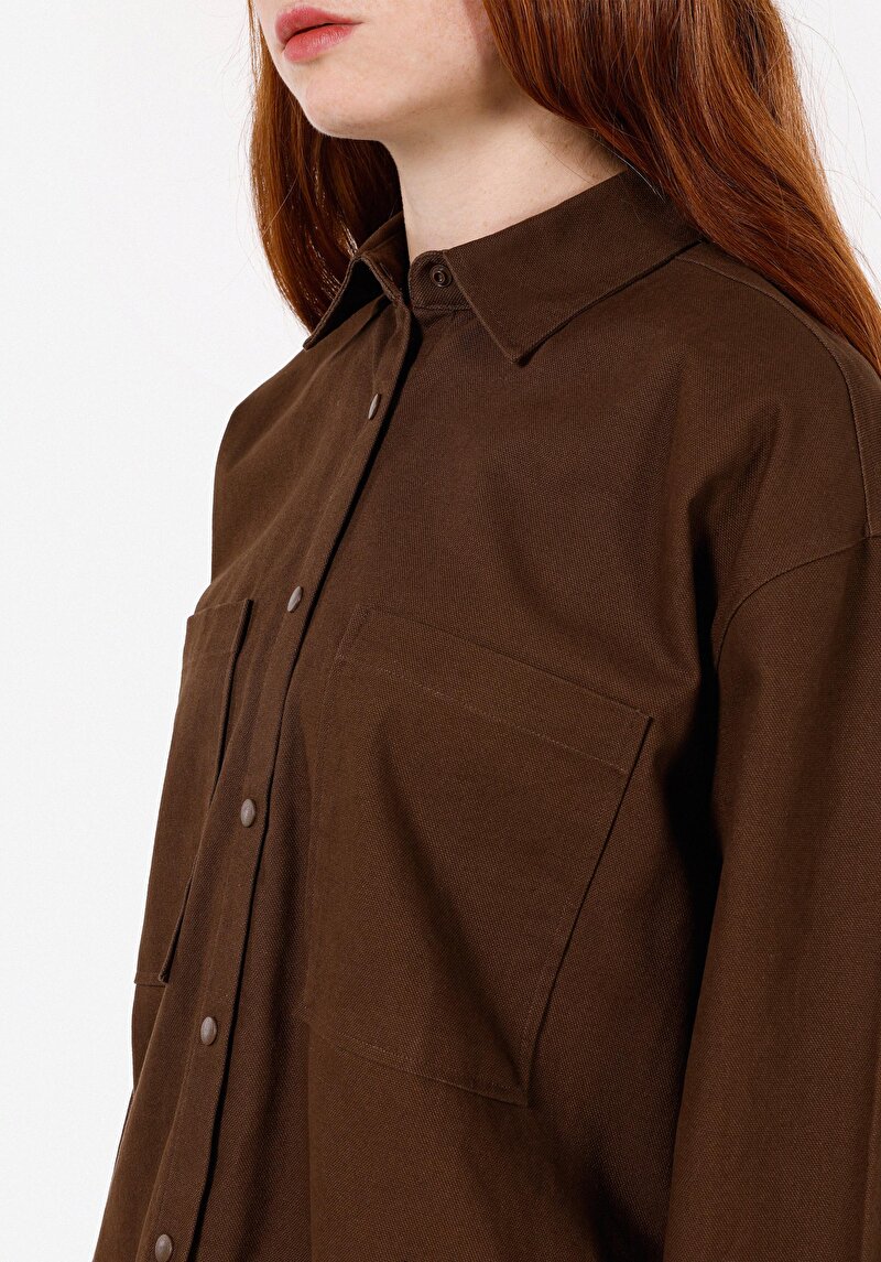 Relaxed Fit Shirt Neck Kadın Kahverengi Uzun Kol Gömlek