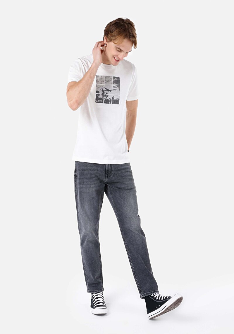 Loose Straight Fit Orta Bel Düz Paça Erkek Gri Jean Pantolon