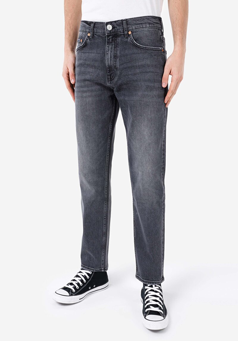Loose Straight Fit Orta Bel Düz Paça Erkek Gri Jean Pantolon