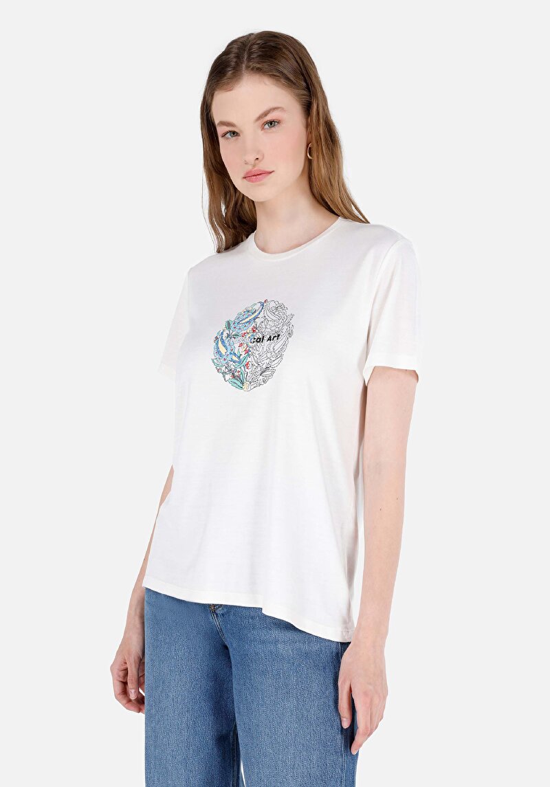 Regular Fit Yuvarlak Yaka Baskılı Kadın Beyaz Kısa Kol Tişört