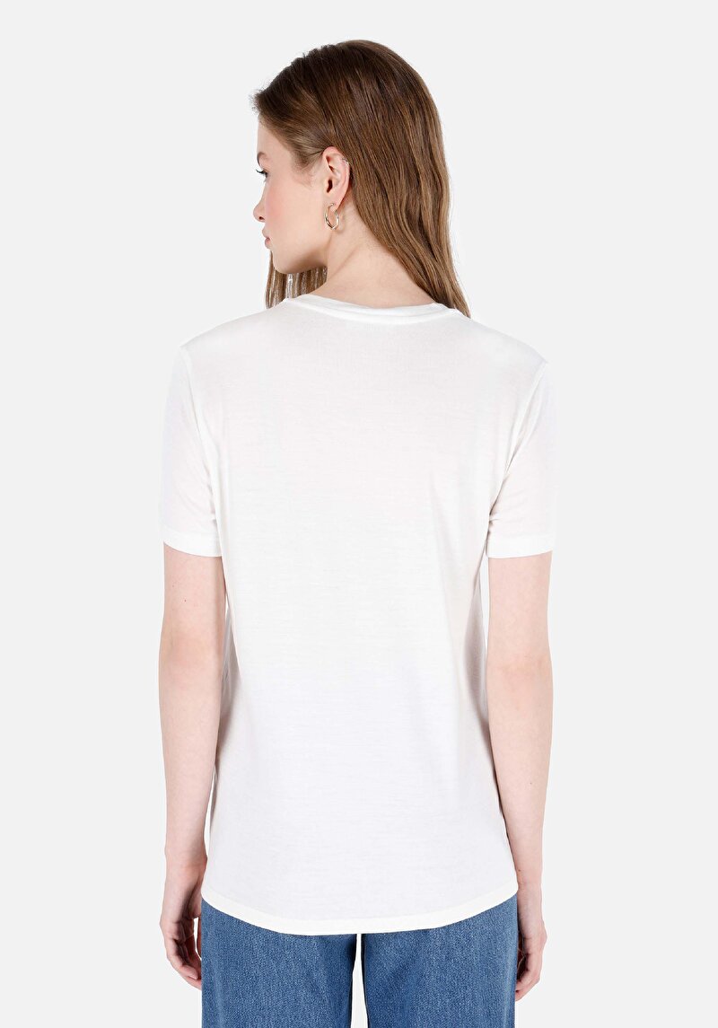 Regular Fit Yuvarlak Yaka Baskılı Kadın Beyaz Kısa Kol Tişört