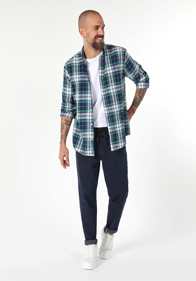 Regular Fit Shirt Neck Ekoseli Erkek Lacivert Uzun Kol Gömlek